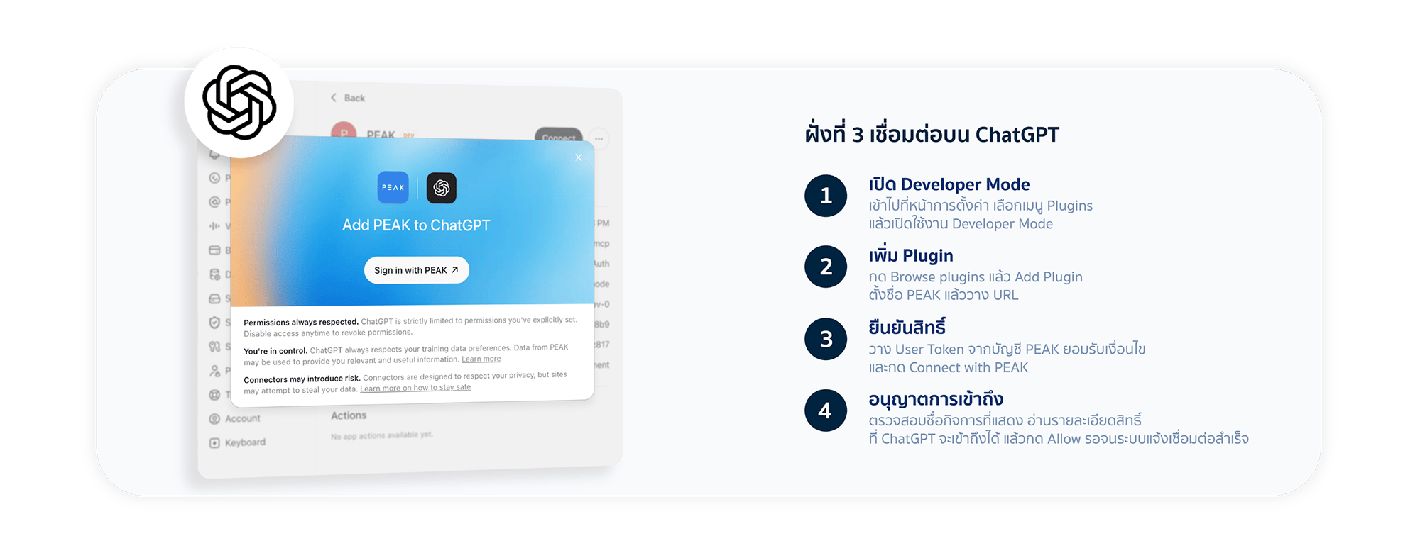 ฝั่งที่ 3 เชื่อมต่อบน ChatGPT: 1. เปิด Developer Mode เข้าไปที่หน้าการตั้งค่า เลือกเมนู Plugins แล้วเปิดใช้งาน Developer Mode 2. เพิ่ม Plugin กด Browse plugins แล้ว Add Plugin ตั้งชื่อ PEAK แล้ววาง URL 3. ยืนยันสิทธิ์ วาง User Token จากบัญชี PEAK ยอมรับเงื่อนไข และกด Connect with PEAK 4. อนุญาตการเข้าถึง ตรวจสอบชื่อกิจการ อ่านรายละเอียดสิทธิ์ ที่ ChatGPT จะเข้าถึงได้ แล้วกด Allow